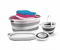 סט גיגית אובלית ודלי מתכווצים צבע אפור סט גיגית אובלית ודלי מתכווצים צבע אפור